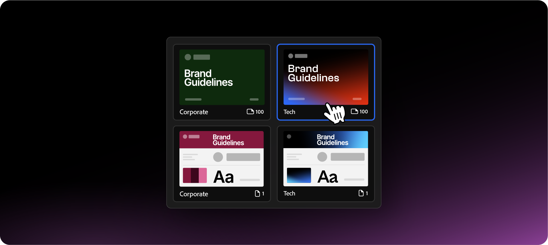 The updated template gallery in Akrivi Guideit V1.1, displaying the new tiered options for Single Page brand sheets and comprehensive 100-page brand book documents.