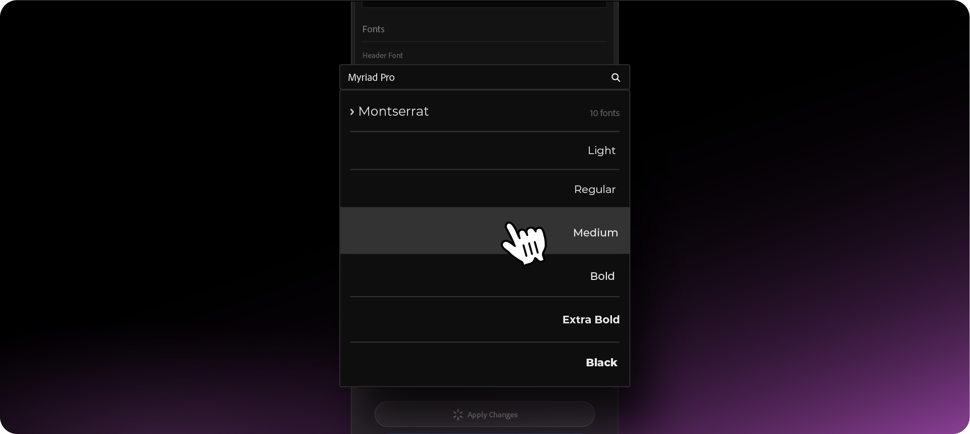 The new font filtering interface in Akrivi Guideit V1.1, showing a user selecting a specific weight from the Montserrat font family using the search-enabled dropdown.