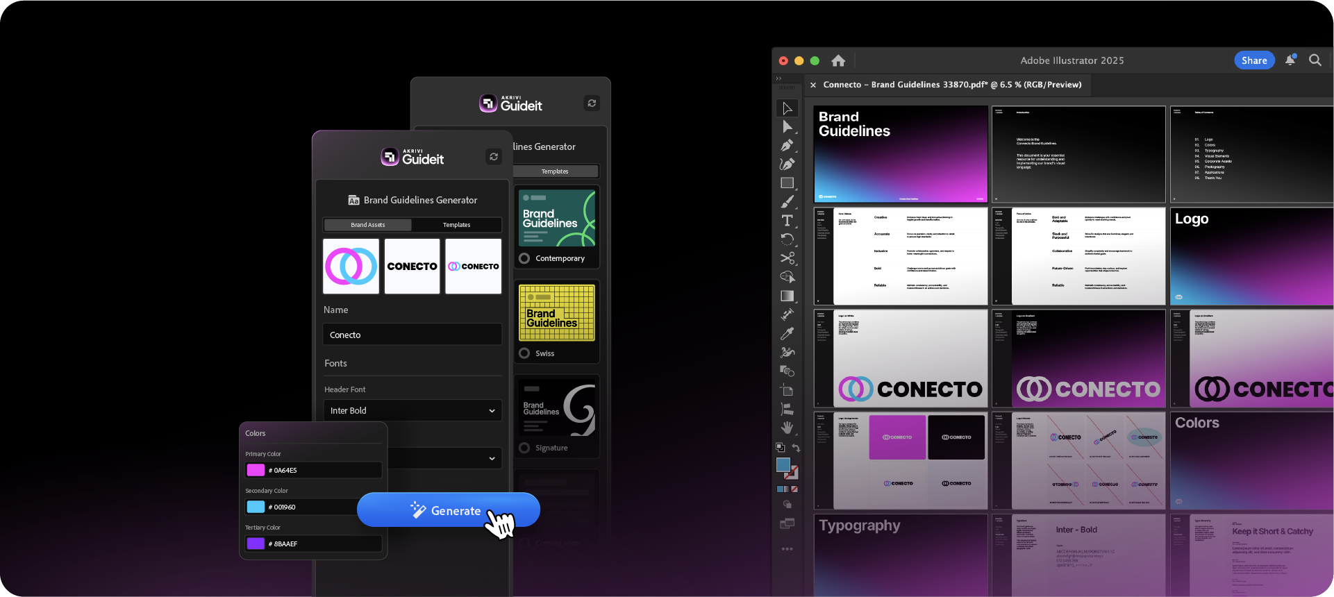 The Akrivi Guideit interface in Adobe Illustrator, showing the transition from entering brand assets and selecting a template to a fully populated set of professional brand guidelines.