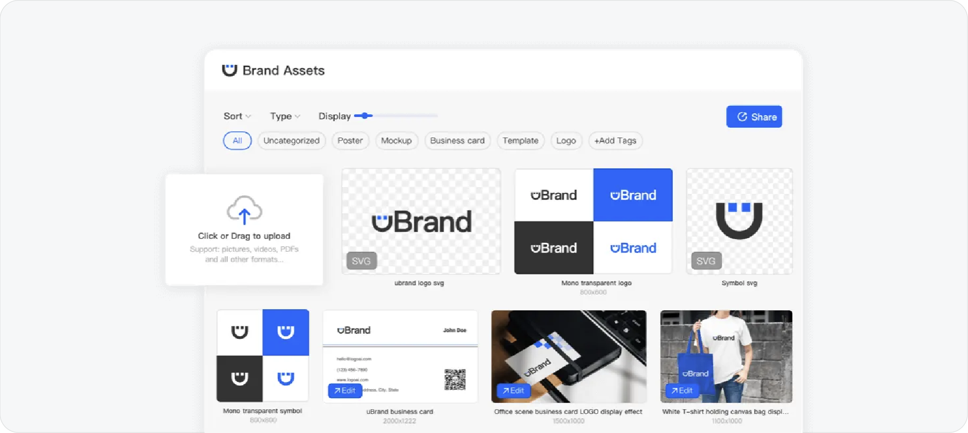 The uBrand web dashboard, displaying a simple asset management interface where users can upload logos and see basic brand applications in a browser.