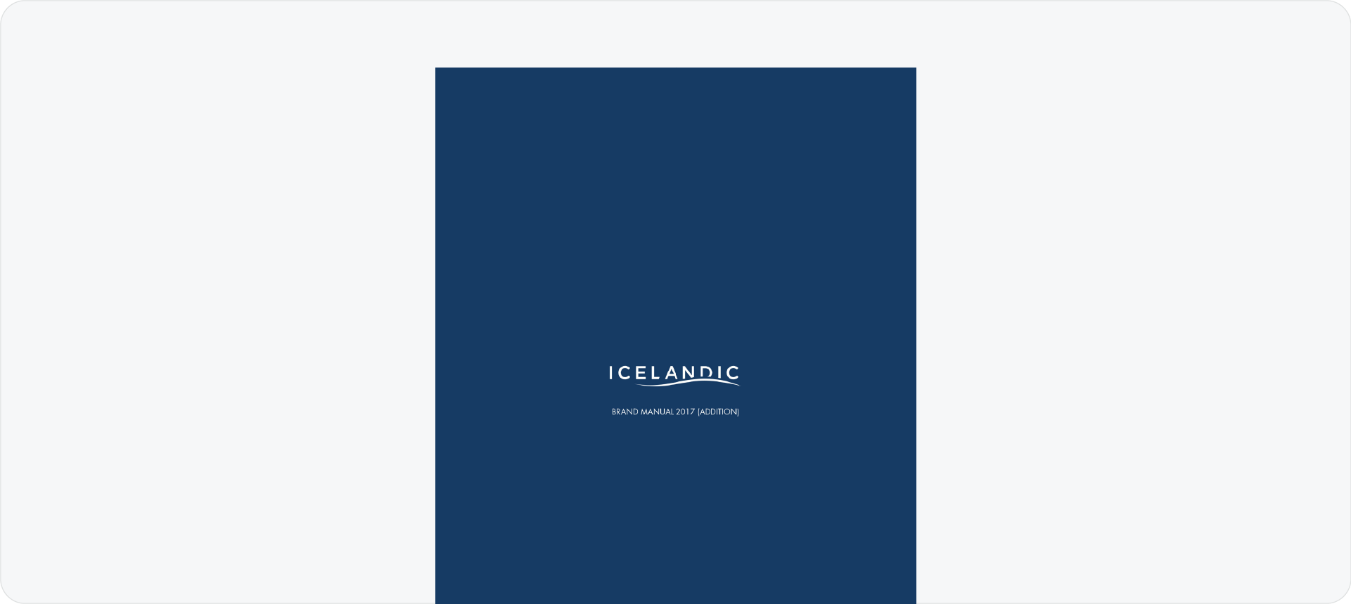  Icelandic brand manual cover with a small white logo on a dark blue background.