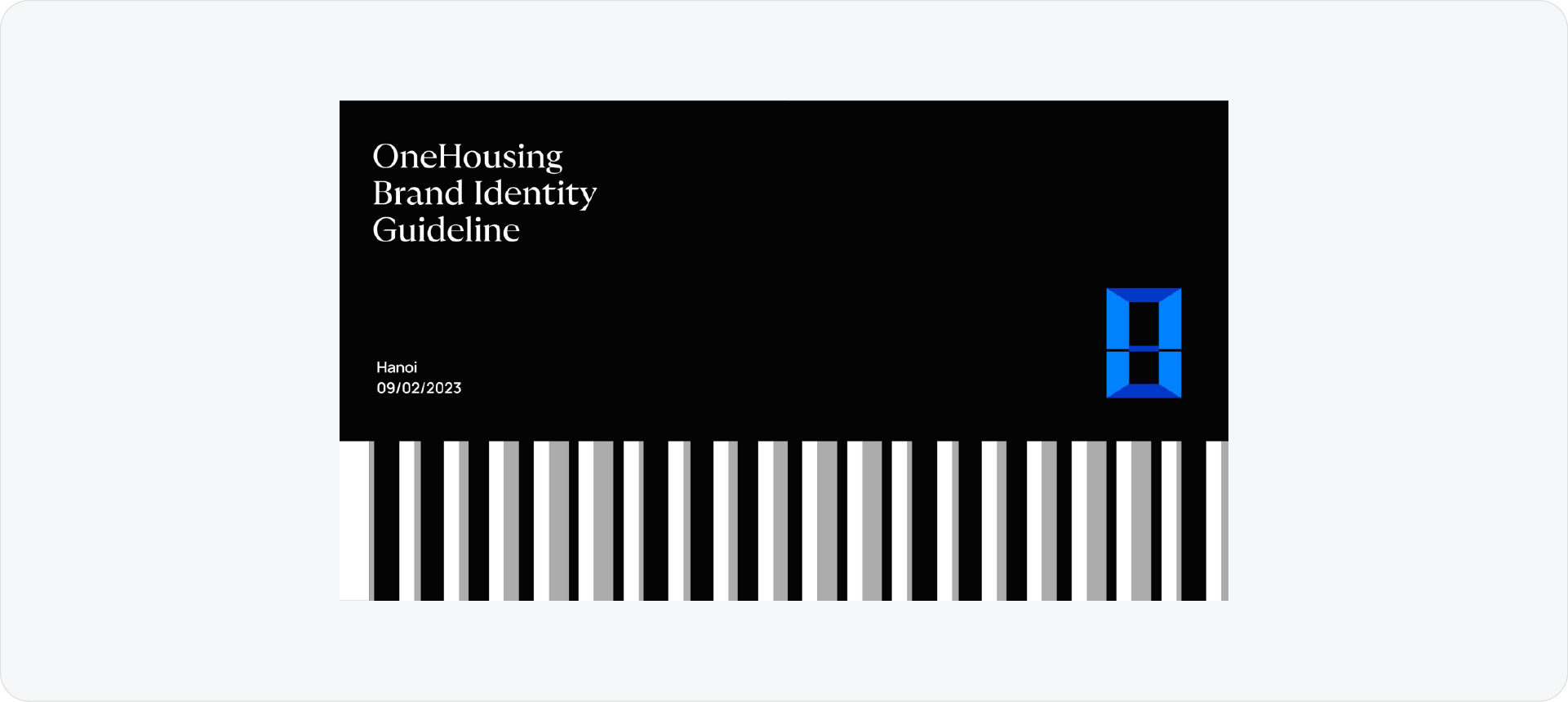 OneHousing brand identity guidelines cover with white serif typography on a black background and a vertical stripe pattern at the base.