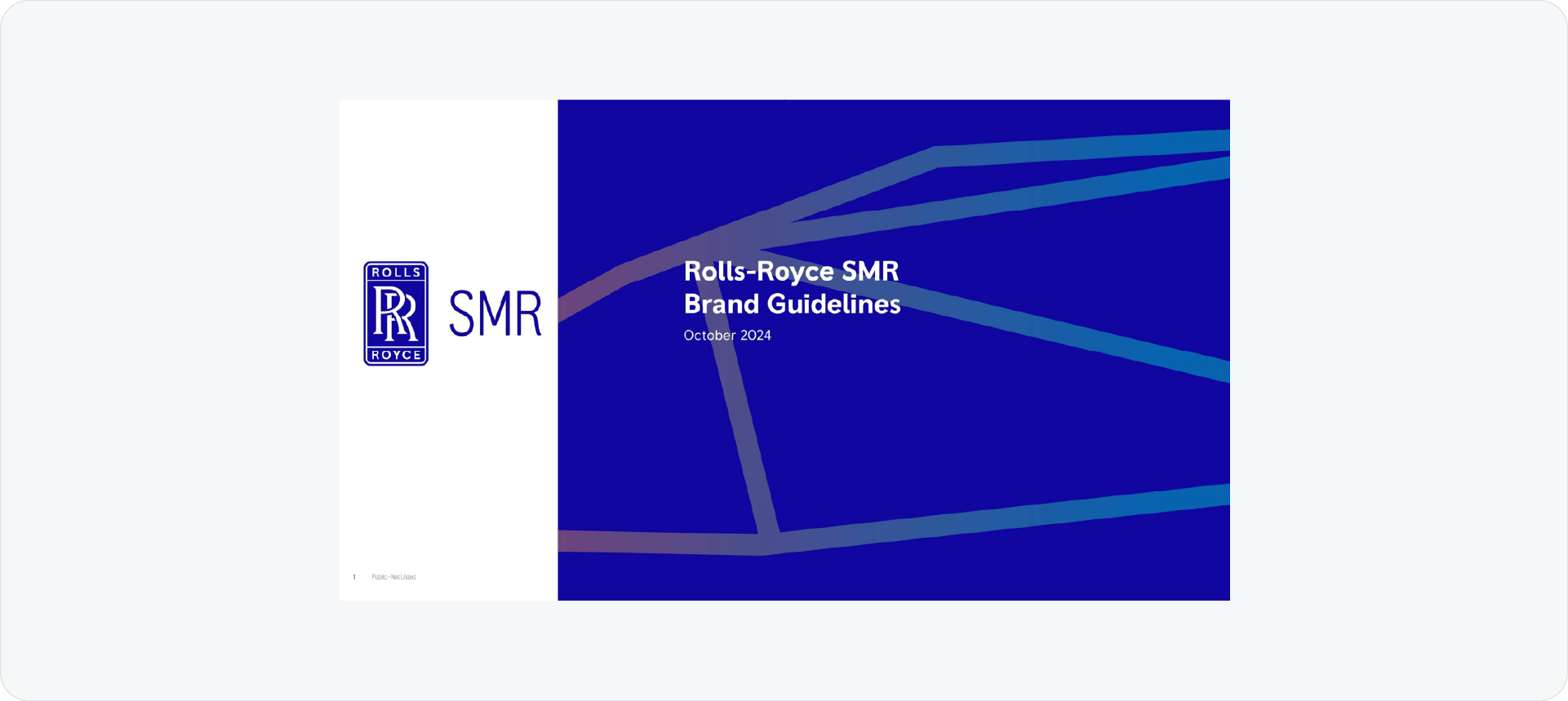 Rolls-Royce SMR brand guidelines cover with a white and blue split layout and a technical line graphic.