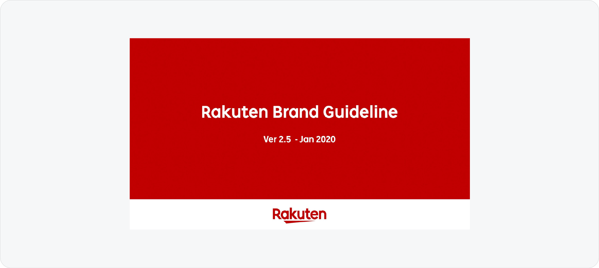Rakuten brand guidelines cover showing white typography on a bright red background with the official logo in a white bottom bar.