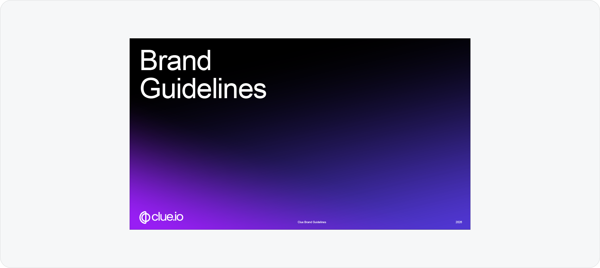 Akrivi tech brand guidelines template cover featuring a purple and blue gradient with bold white typography for a brand called clue.io.