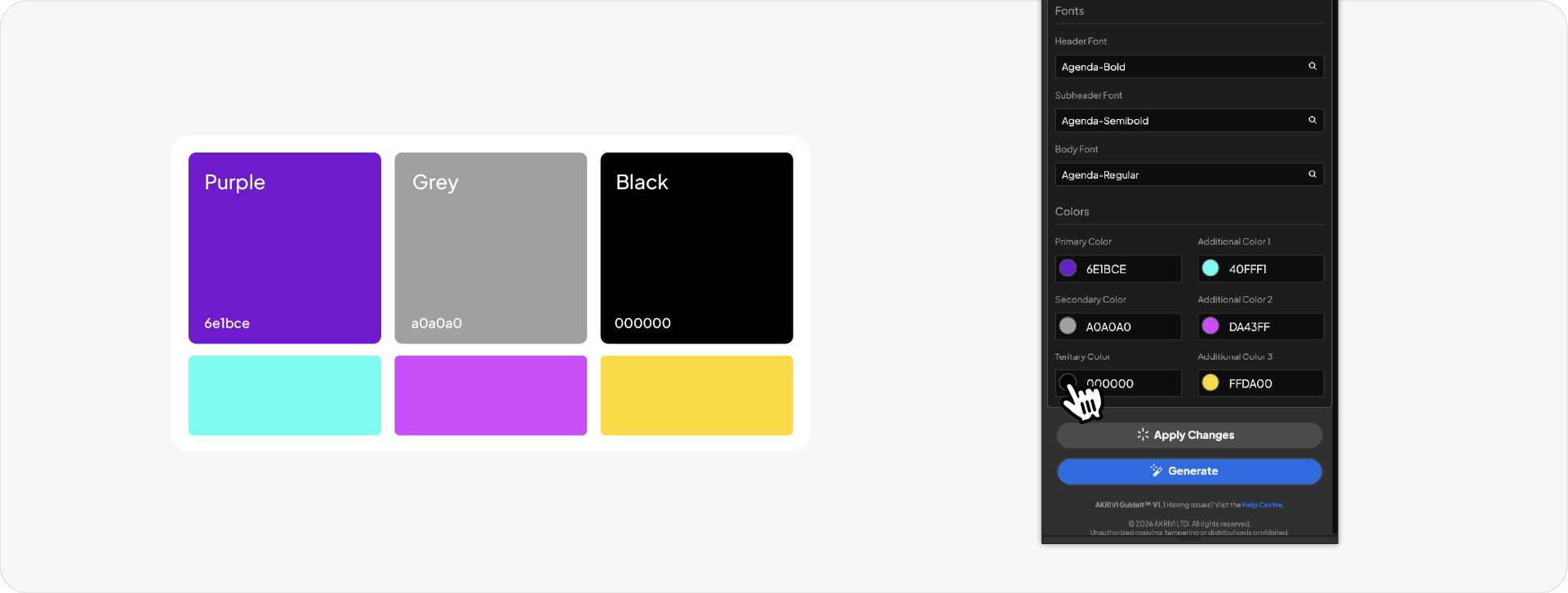 The color and font configuration panel in Guideit V1.1, showing the expanded 6-color palette and typography selection tools.