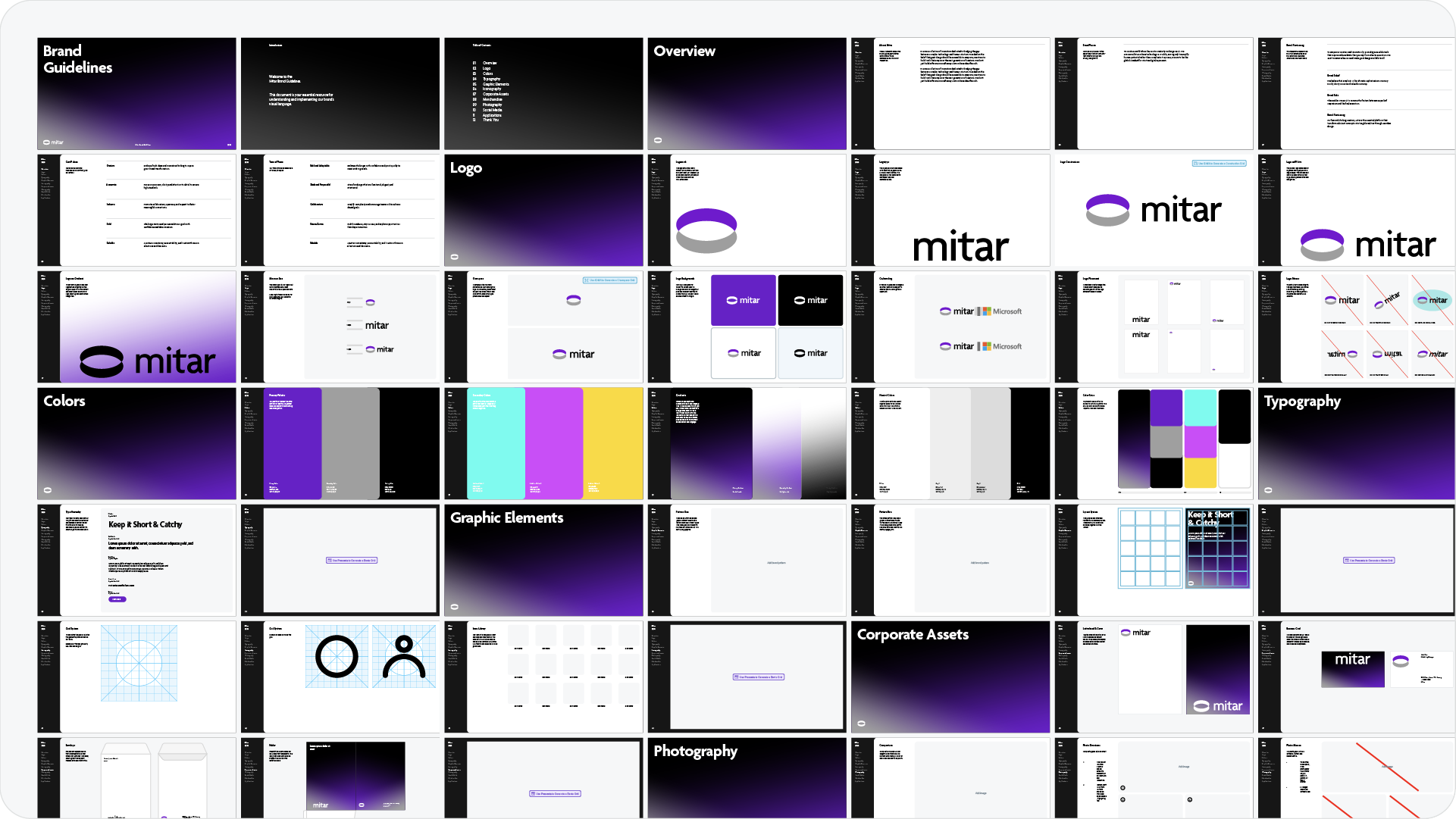 A comprehensive multi-page brand guidelines document for the brand 'Mitar,' featuring sections for logo usage, typography, and color palettes.