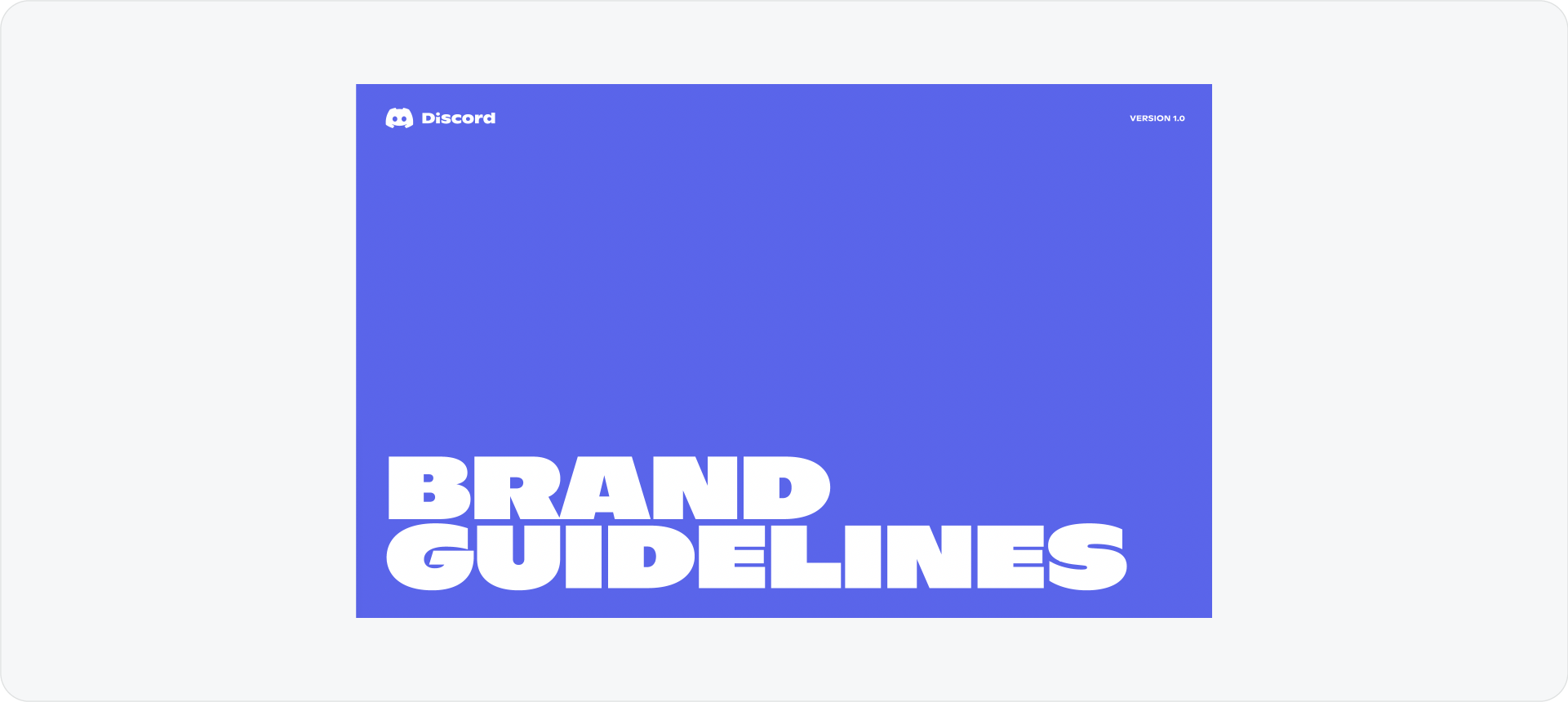 A modern corporate brand guidelines cover for Discord featuring bold white typography on a vibrant blue background."