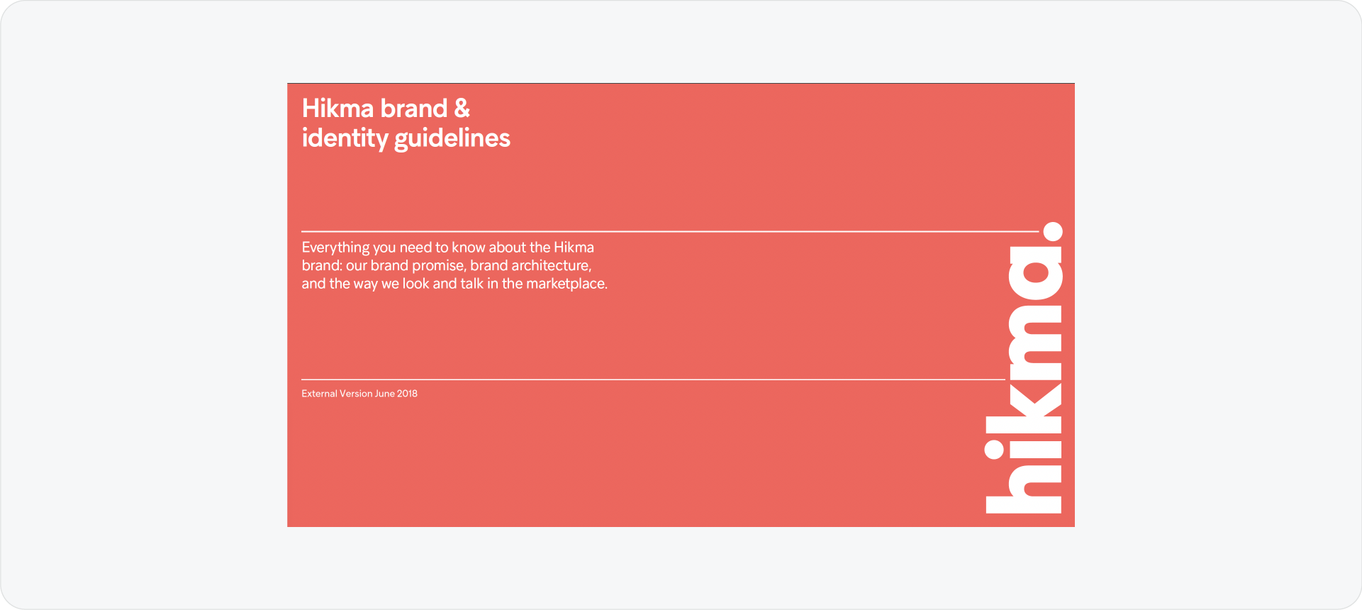 Hikma pharmaceutical brand guidelines featuring a professional coral-colored cover and human-centric medical photography.