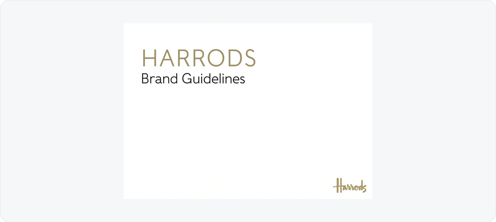 A minimalist Harrods brand guidelines cover featuring gold and black typography on a clean white background.