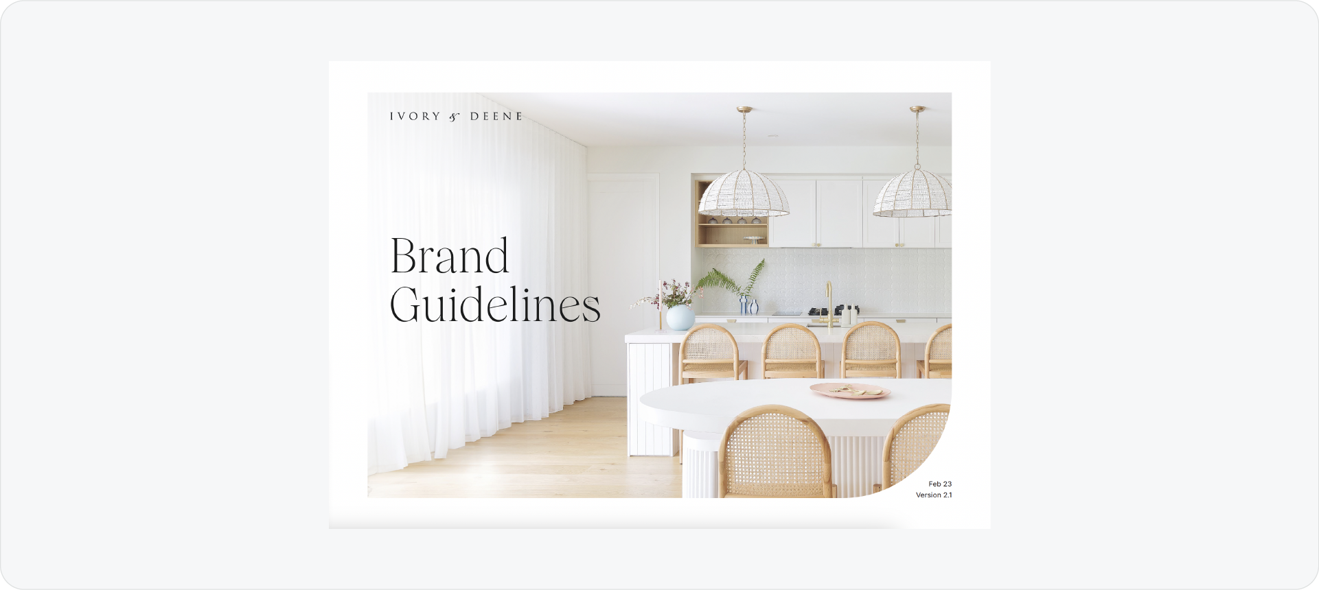Ivory and Deene brand guidelines cover featuring elegant serif typography overlaid on a high-end interior design photograph.