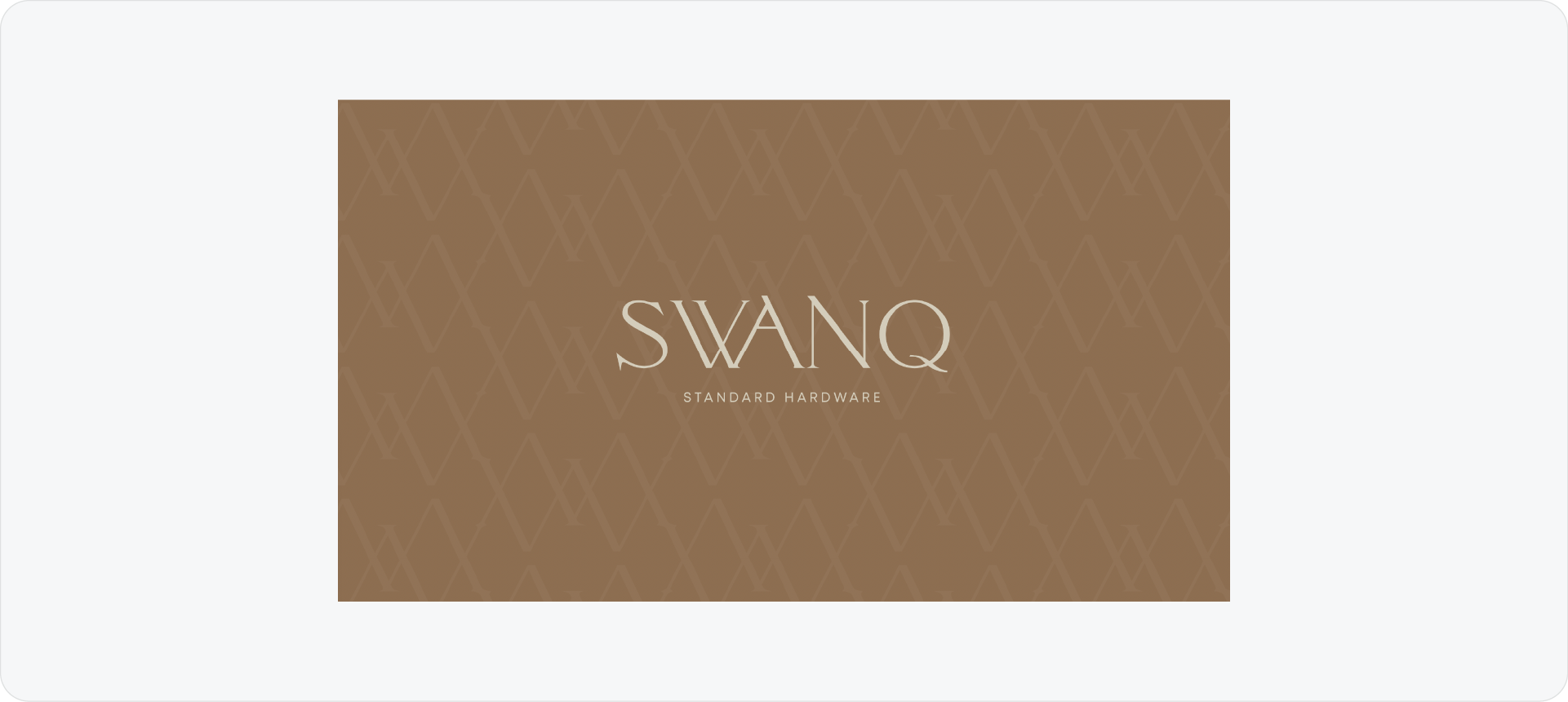 Swanq brand guidelines cover featuring a beige serif logo on a professional brown background with a subtle repeating brand pattern.