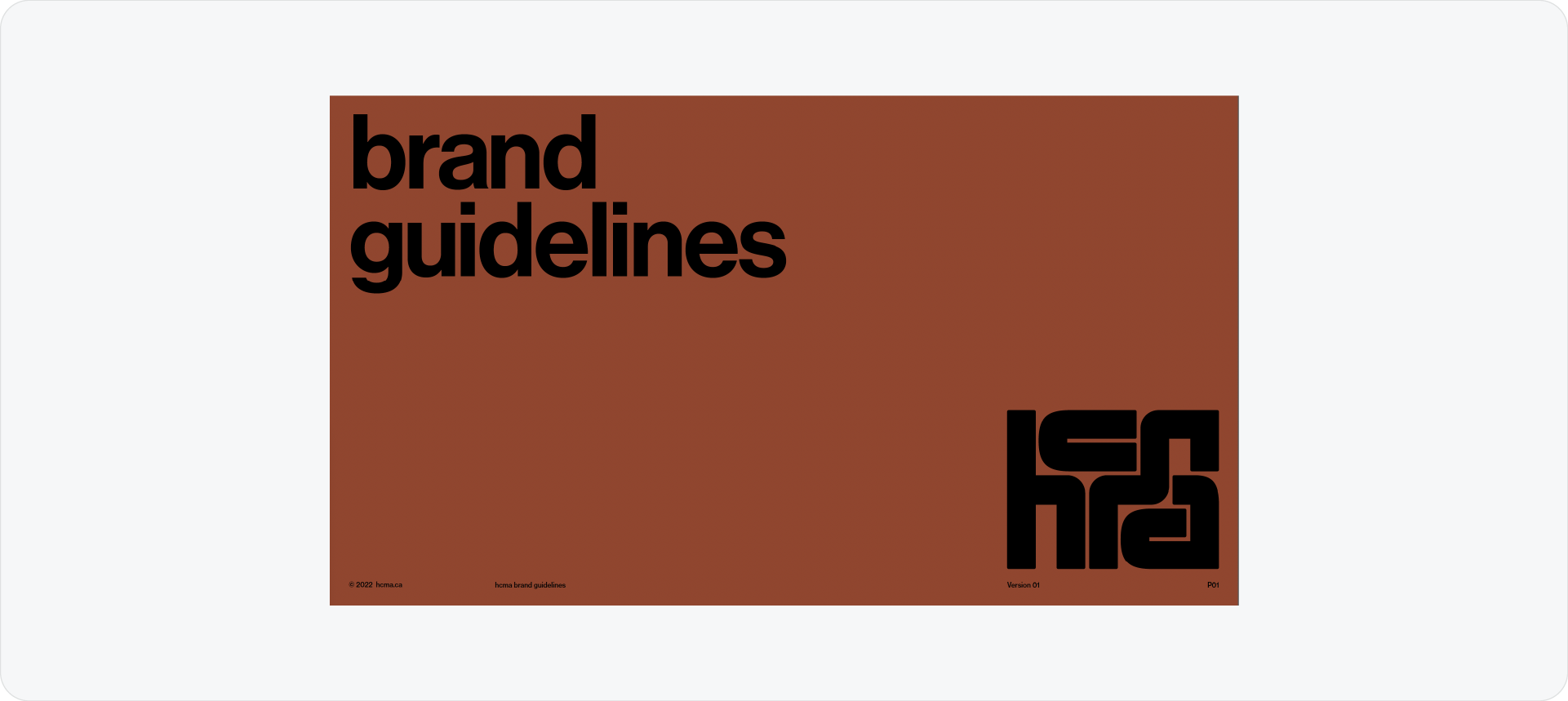 HCMA brand guidelines cover featuring bold black typography on a solid rust-colored background with an abstract logo in the corner.