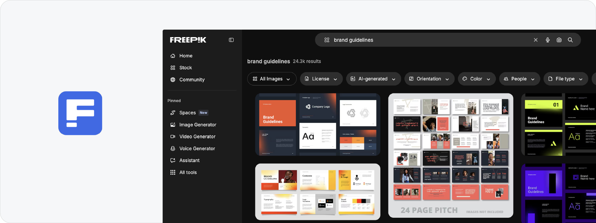 A screenshot of the Freepik website showing thousands of search results for brand guidelines templates and presentation layouts.