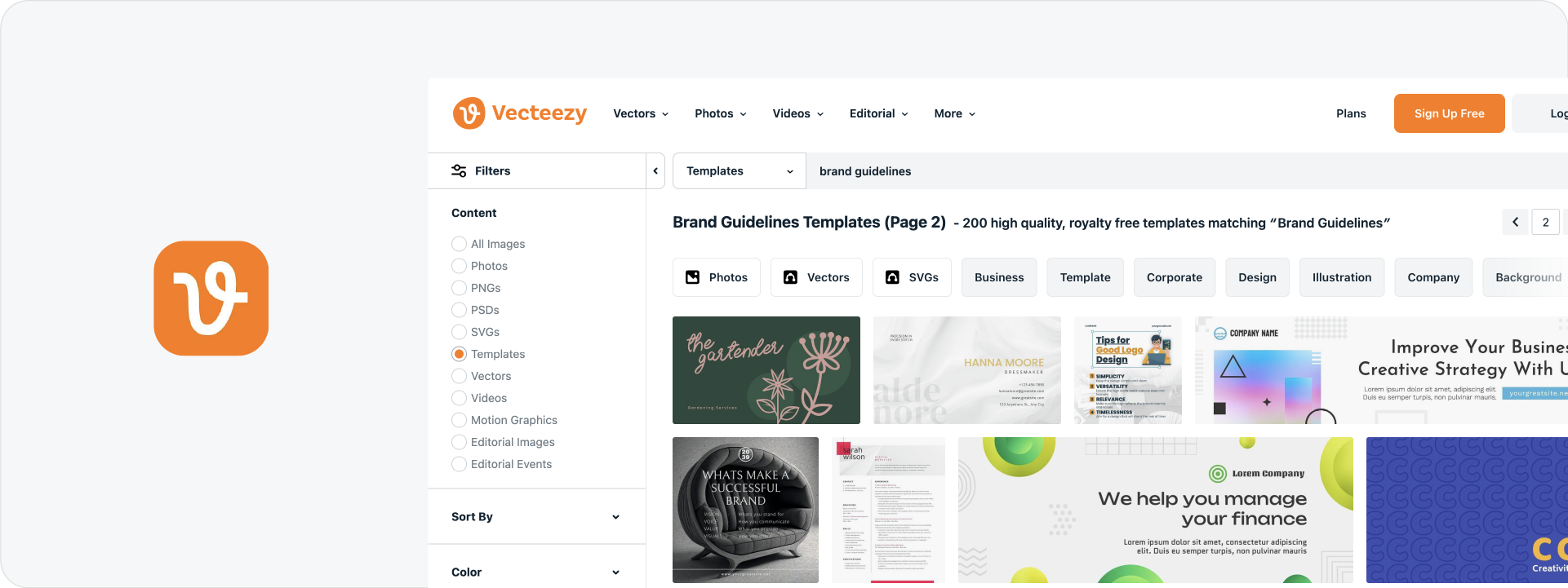 A screenshot of the Vecteezy website showing search results for high-quality, royalty-free brand guidelines templates and vector assets.