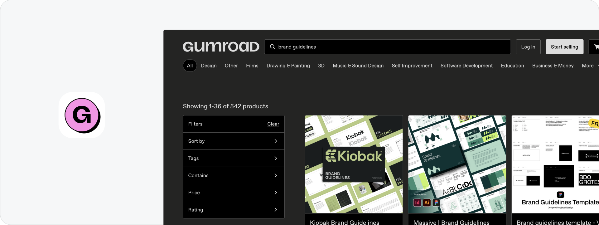 A screenshot of the Gumroad marketplace showing a variety of digital brand guidelines templates and products for professional designers.