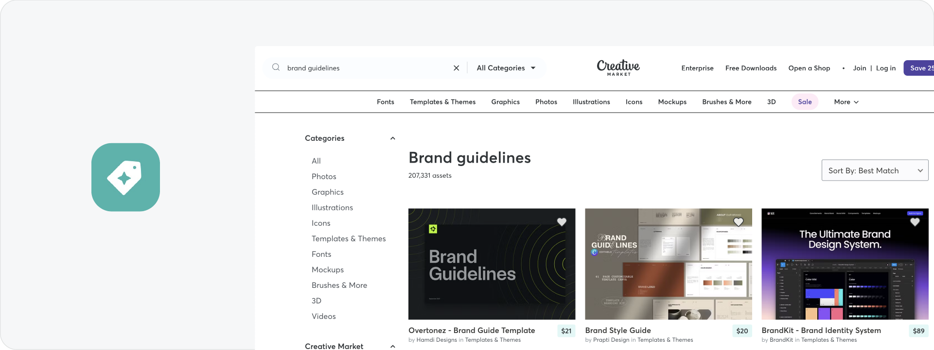 A screenshot of the Creative Market website displaying several premium brand guidelines templates for sale with different price points.