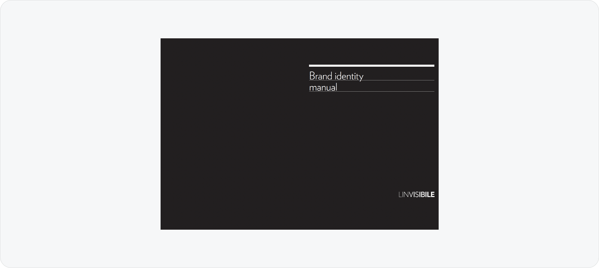 A minimalist black brand identity manual cover for Linvisibile featuring thin white typography and a horizontal accent line.