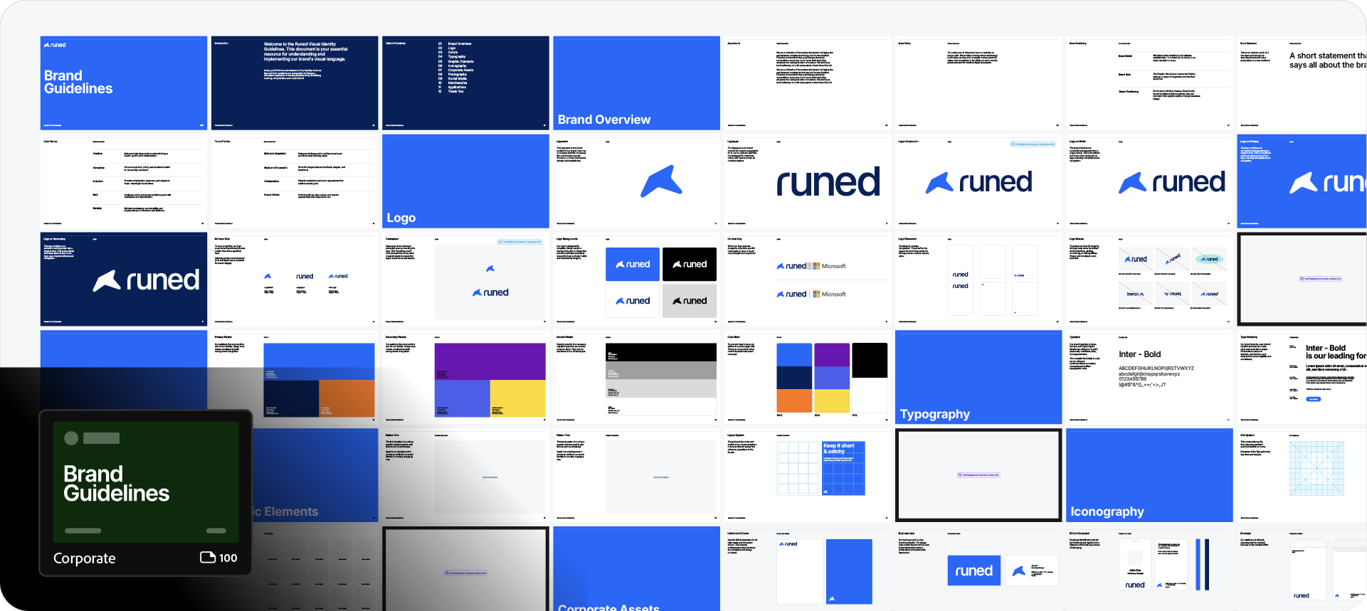 n overview of the 100-page Corporate brand guidelines template in Adobe Illustrator, featuring detailed sections for logo usage, color systems, and corporate assets.