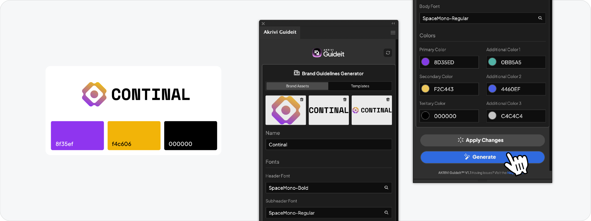 The Akrivi Guideit interface showing the logo asset upload area and the expanded 6-color palette configuration for a professional brand book.