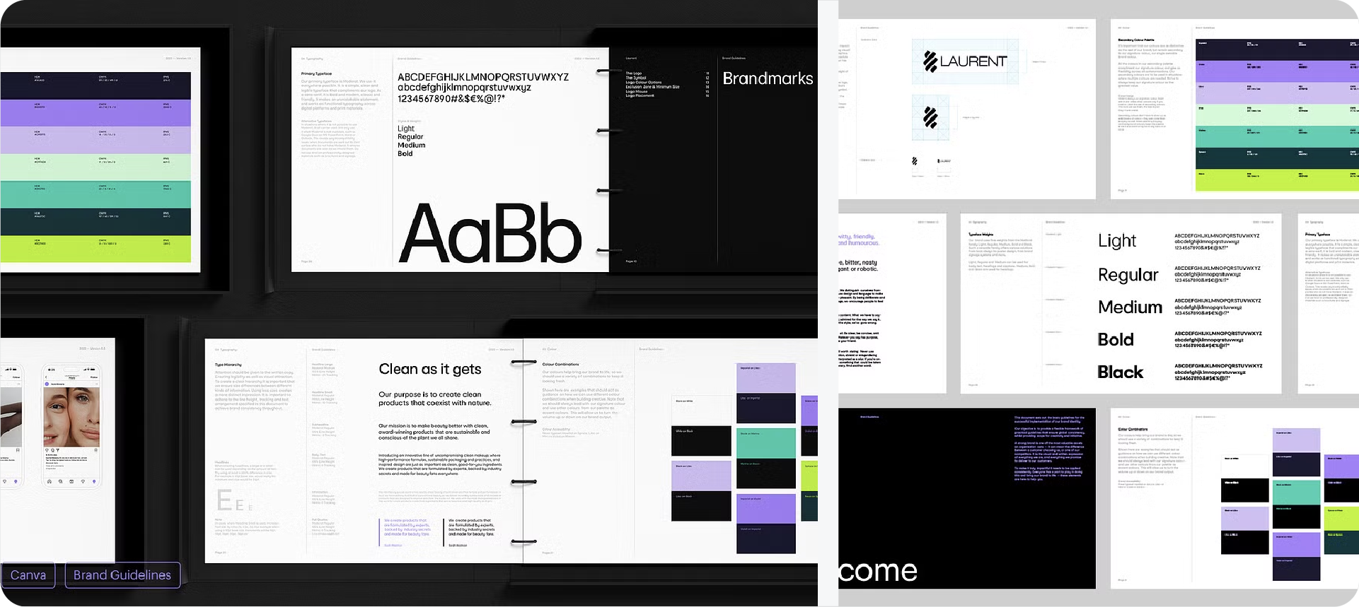 A collection of brand identity pages showing technical logo grids, colorful swatches, and typography layout examples.