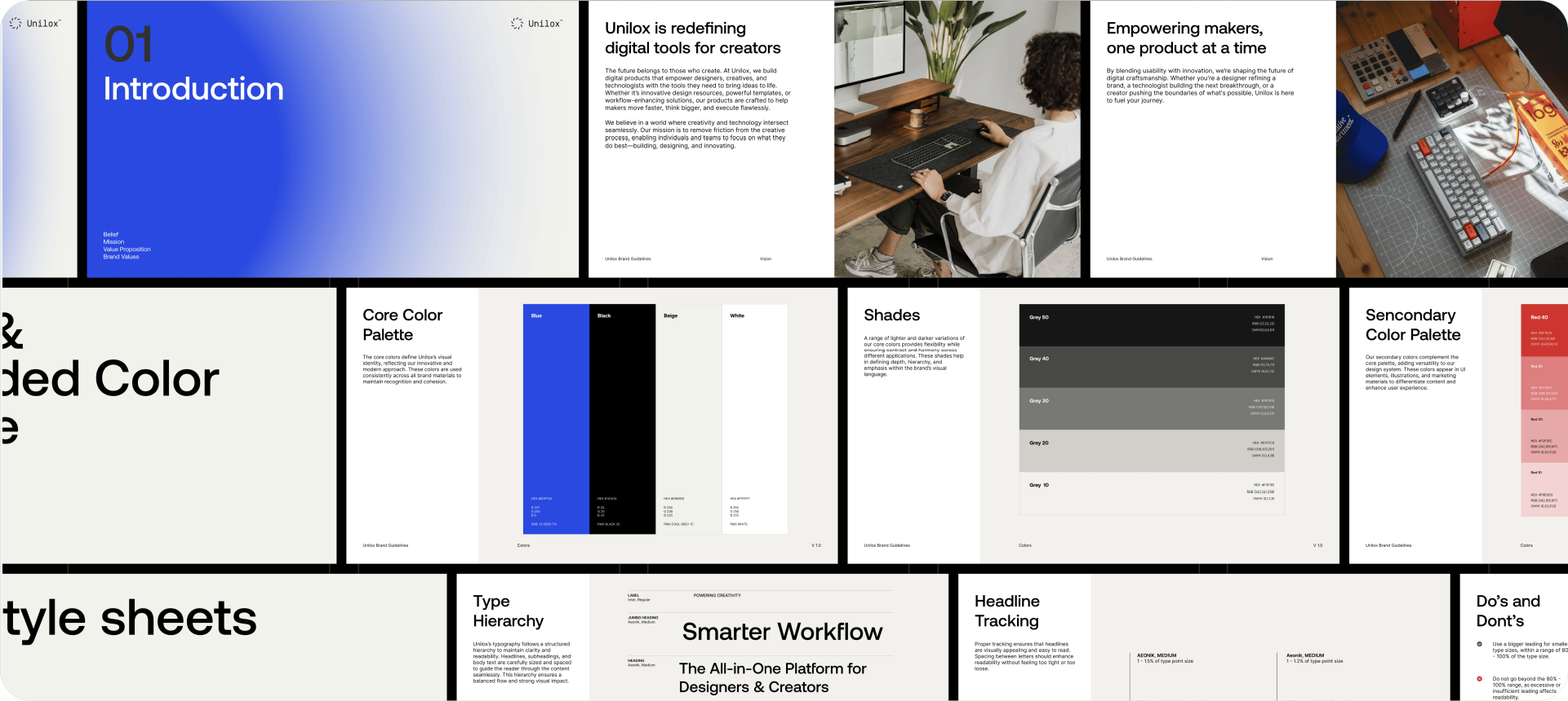 A comprehensive brand manual for 'Unilox' with a blue gradient theme, including sections for secondary colors and typography tracking.