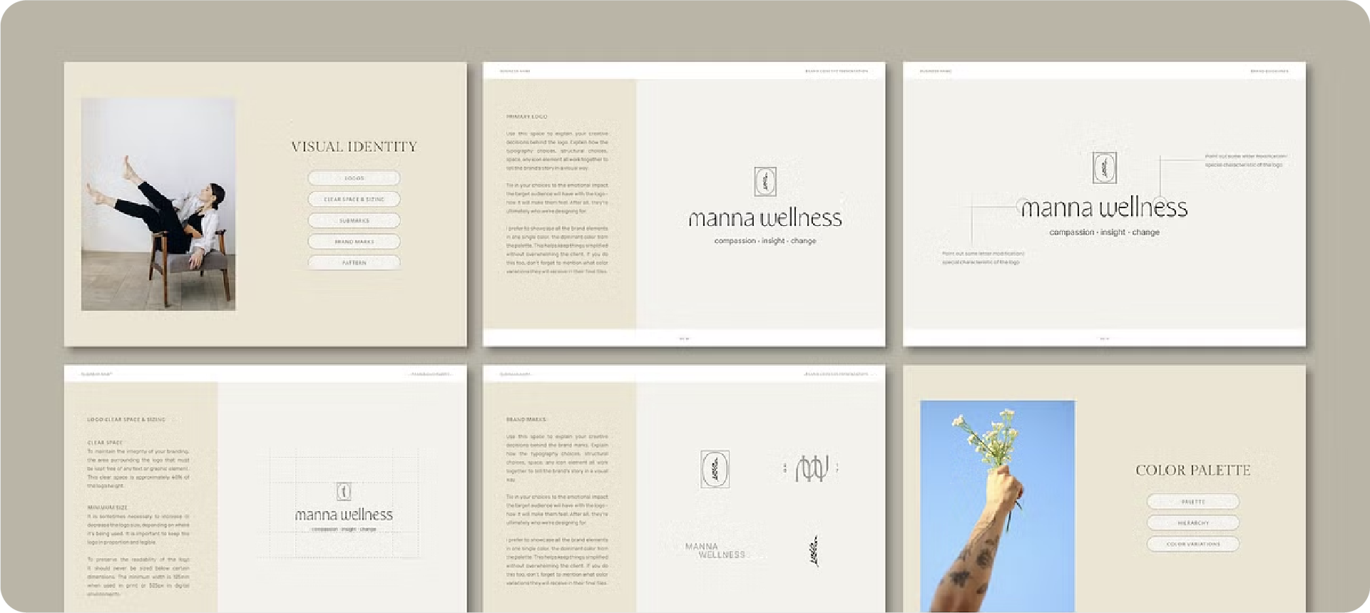 A minimal brand book for 'Manna Wellness' in beige tones, featuring logo sizing rules and high-quality lifestyle photography.