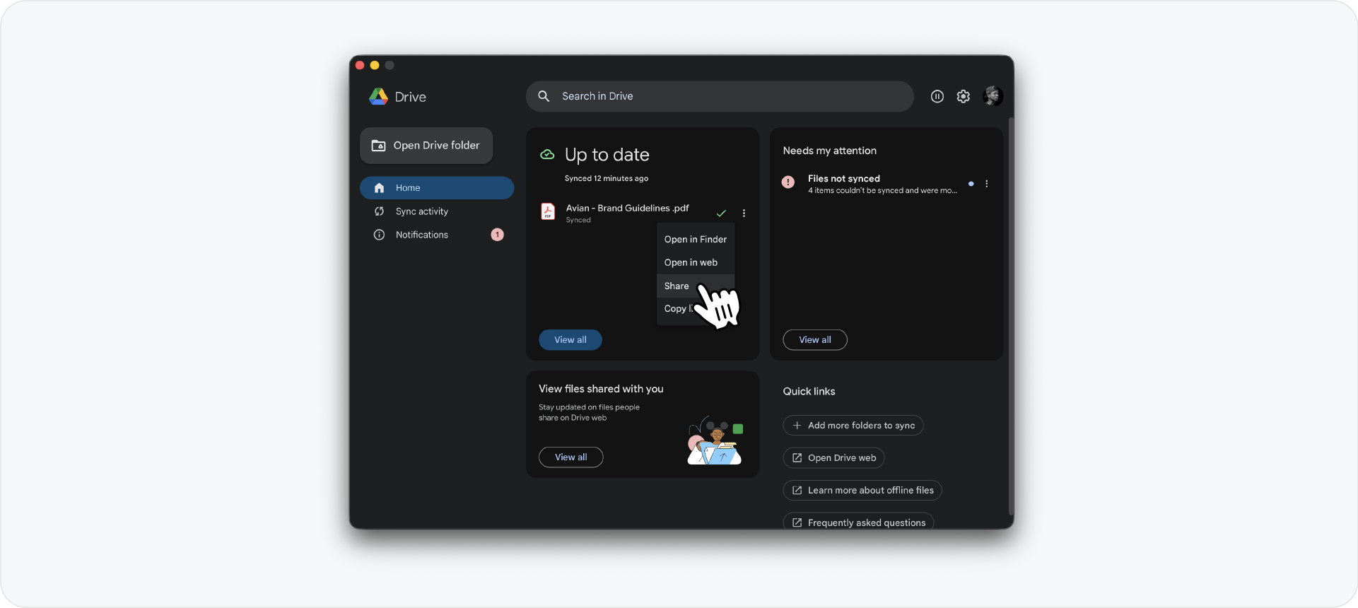 A context menu within Google Drive showing the ‘Share’ option selected for an exported brand guidelines document.