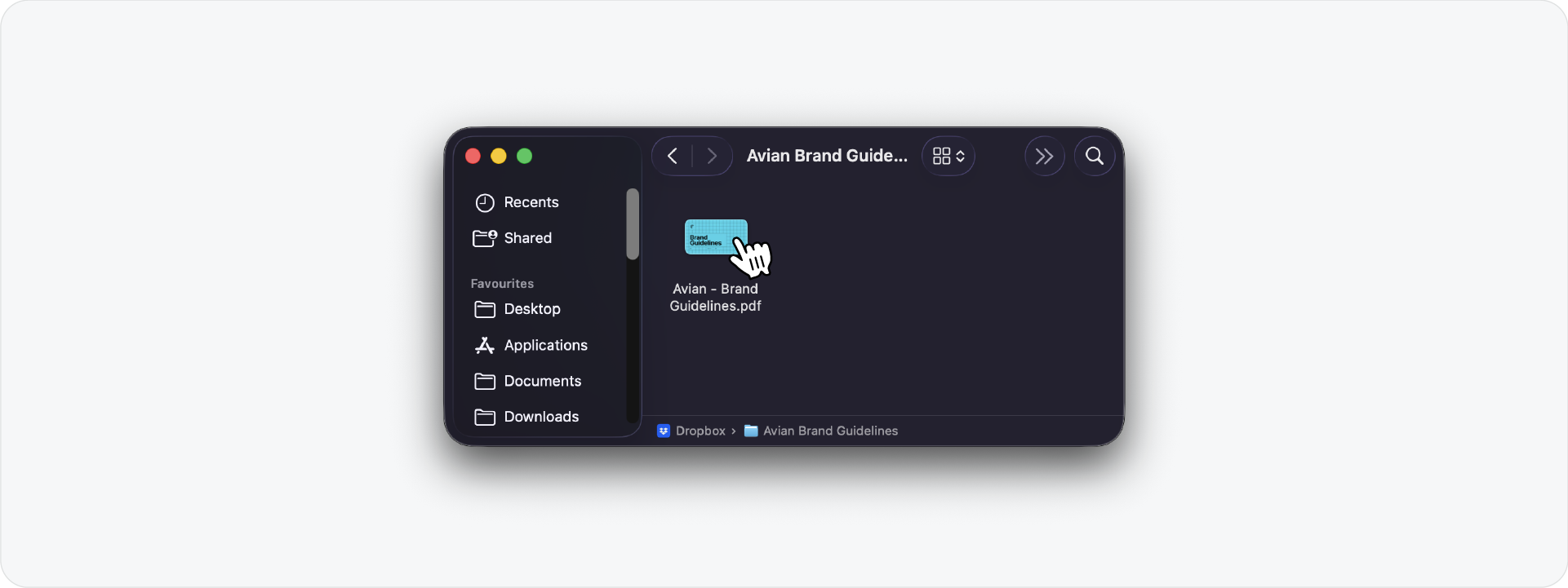 A PDF file titled ‘Avian - Brand Guidelines’ inside a computer folder, representing the final document ready for client delivery.