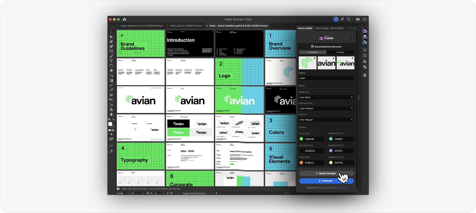 The Akrivi Guideit panel in Adobe Illustrator, showing a hand cursor clicking ‘Apply Changes’ to instantly update a full 34-page brand guidelines layout for Avian.