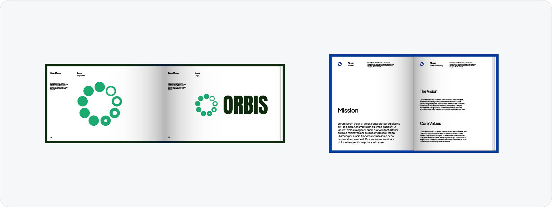 An open brand book for 'Orbis' displaying the logo mark and logotype on the left page and the brand mission, vision, and core values on the right.