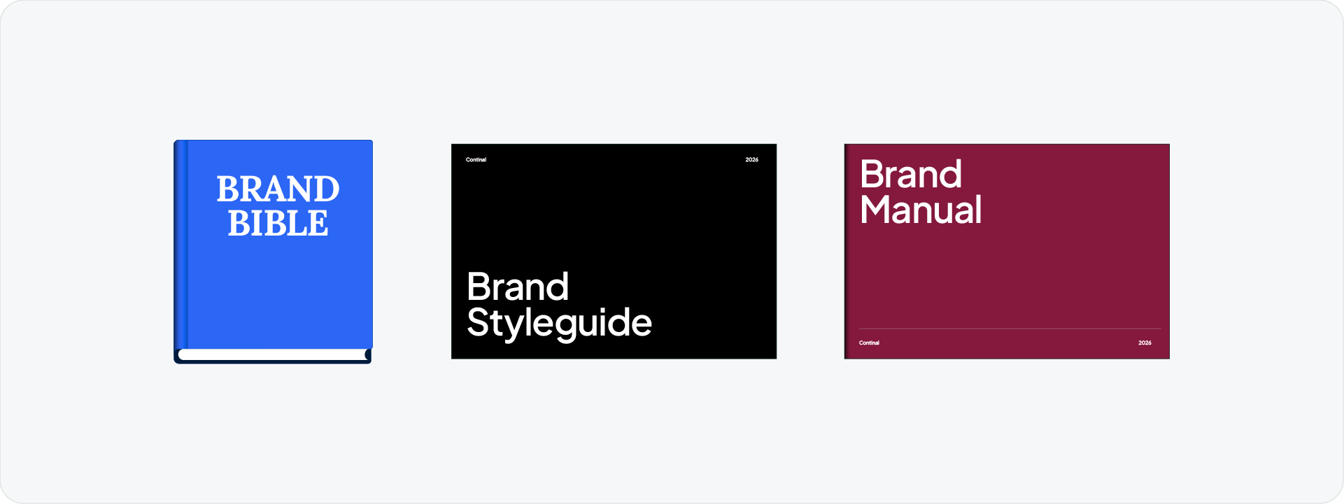 A collection of brand identity documents showing the various terms used by designers, including 'Brand Bible,' 'Brand Styleguide,' and 'Brand Manual.'