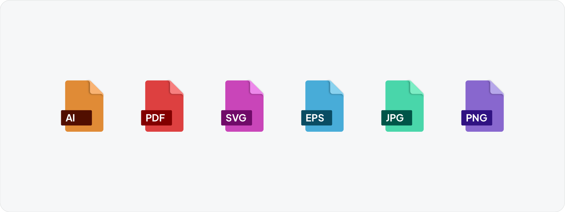 A row of colorful icons representing standard logo export formats: AI, PDF, SVG, EPS, JPG, and PNG.