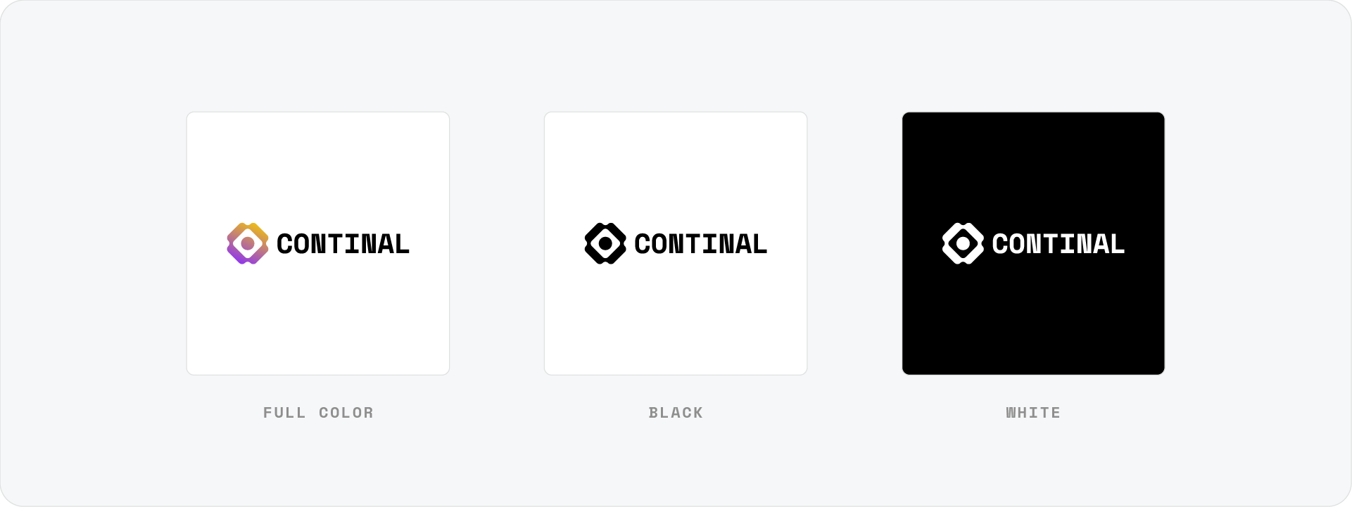 Three versions of the Continal logo showing the full-color, solid black, and solid white variations for different background uses.