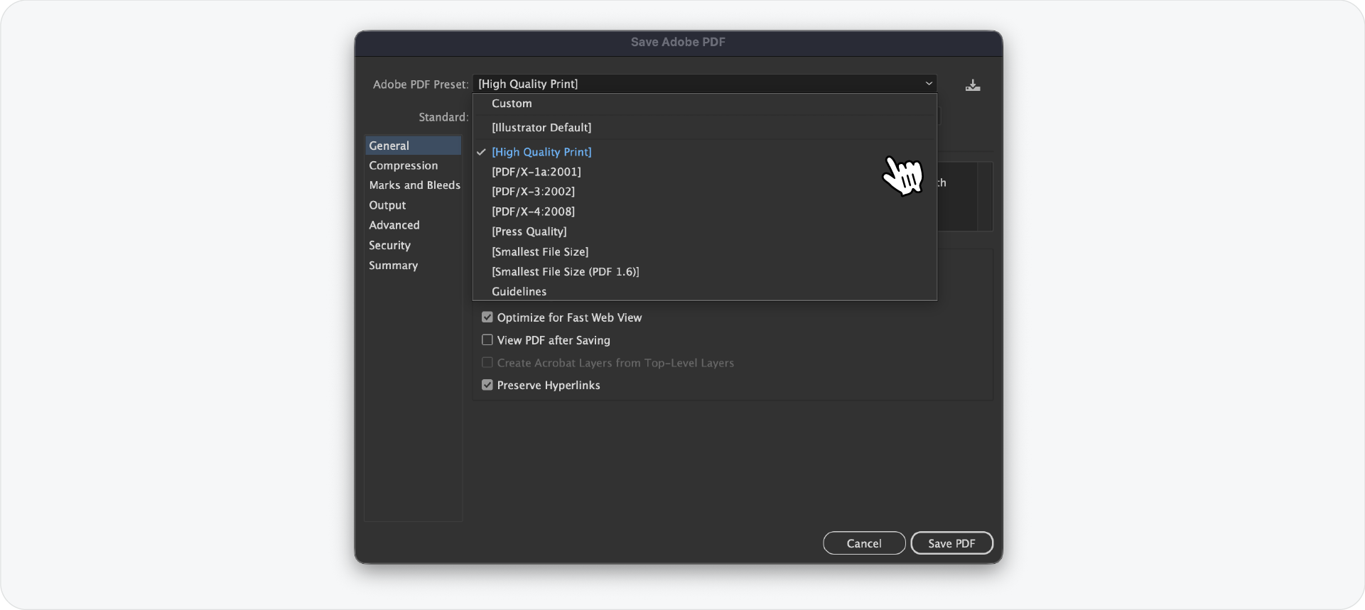 The Adobe PDF Preset dropdown menu in Illustrator with the 'High Quality Print' option selected.
