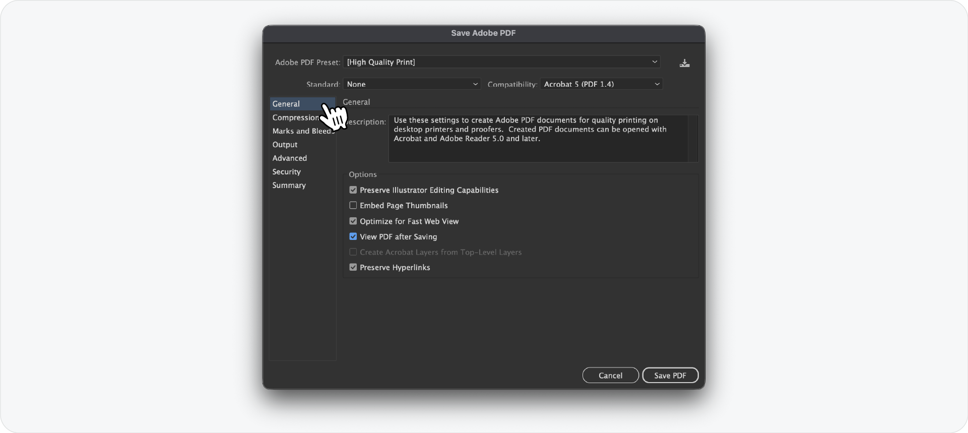 The General settings tab in the Adobe Illustrator PDF export dialog box, showing options for preserving editing capabilities and hyperlinks.
