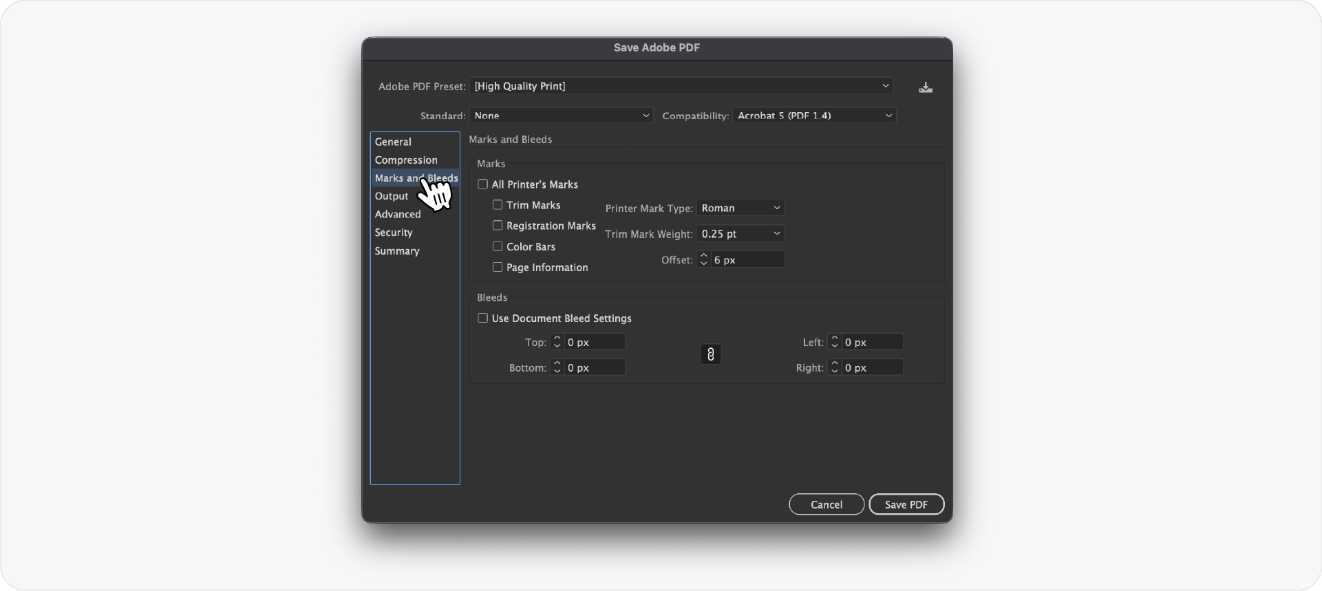 The Marks and Bleeds settings tab in the Adobe Illustrator PDF export dialog box, used to toggle printer's marks and document bleed settings.