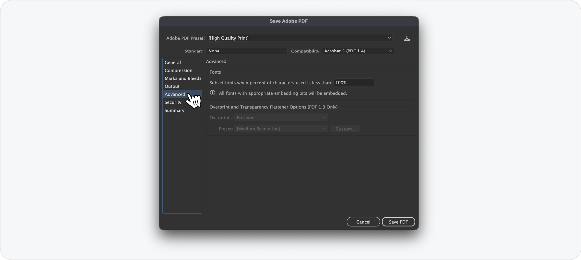 The Advanced settings tab in the Adobe Illustrator PDF export dialog box, showing font subsetting options.