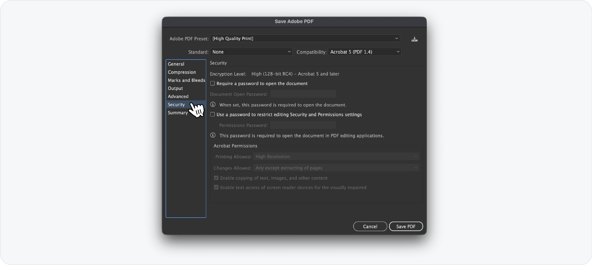 he Security settings tab in the Adobe Illustrator PDF export dialog box, used to set document passwords and permissions.