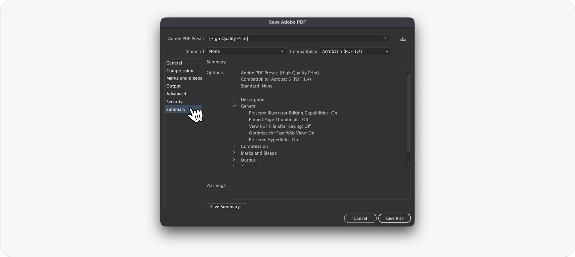 The Summary settings tab in the Adobe Illustrator PDF export dialog box, providing a final recap of all selected export options.