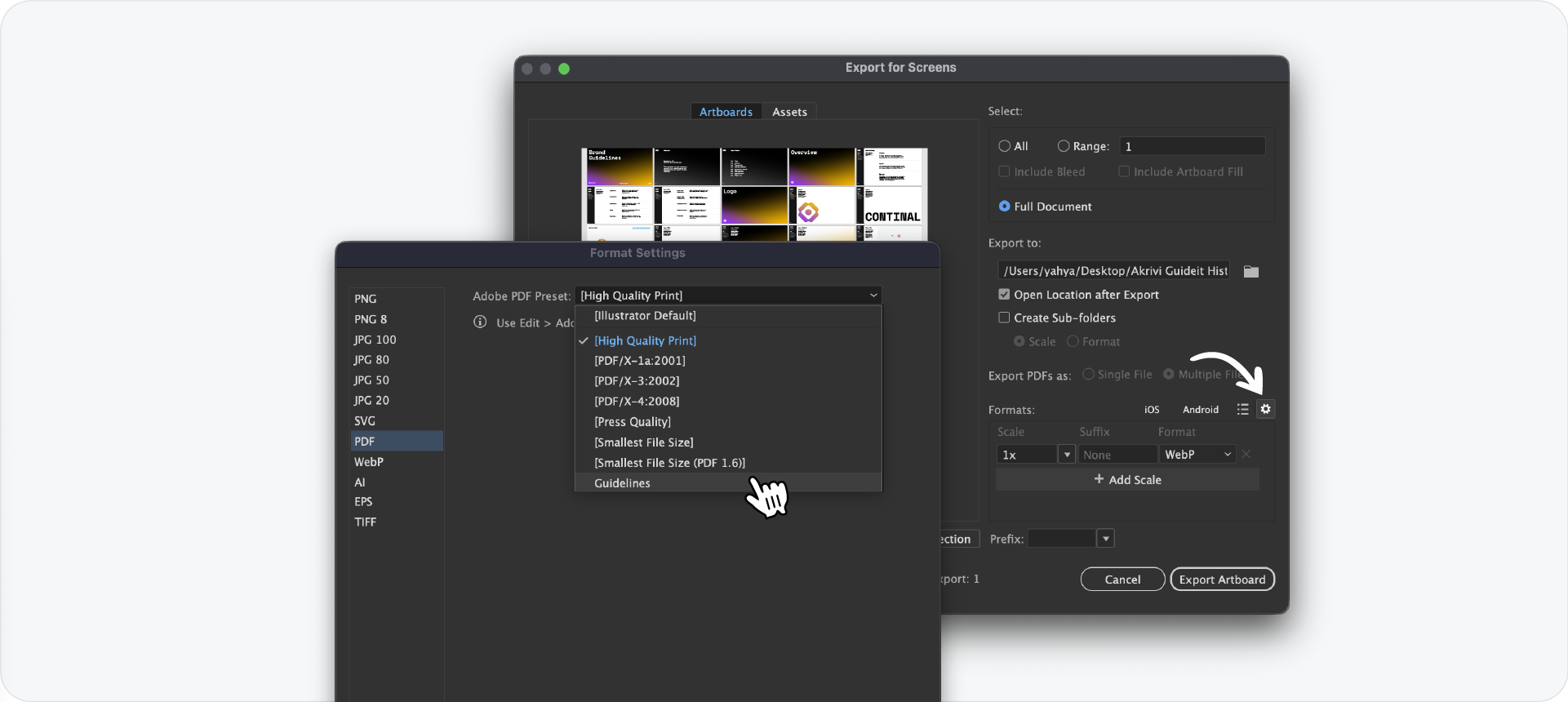 The Export for Screens dialog in Illustrator showing the PDF format settings and the selection of a custom 'Guidelines' preset.