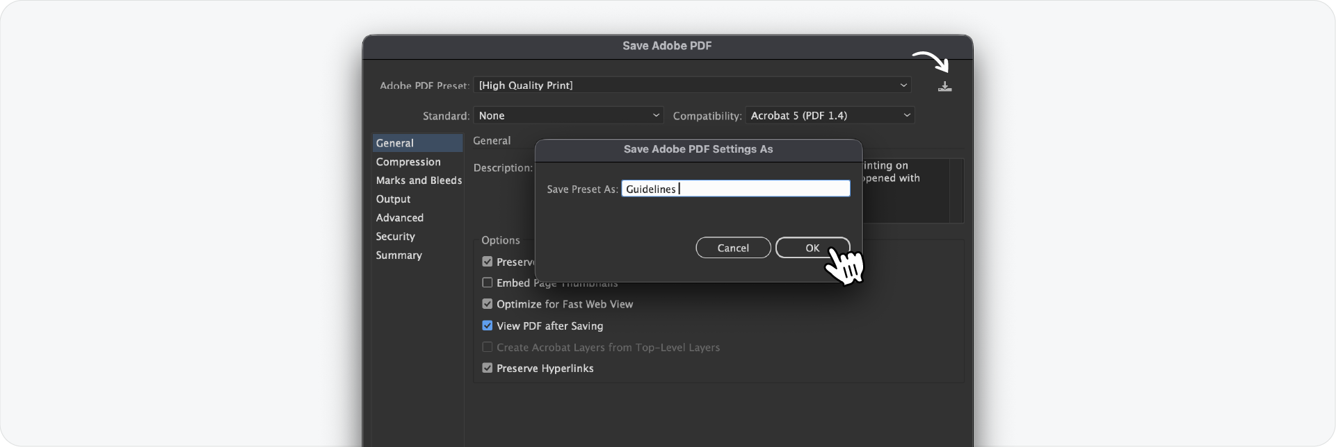 A popup window in Adobe Illustrator used to save custom PDF export settings as a new preset named 'Guidelines.'