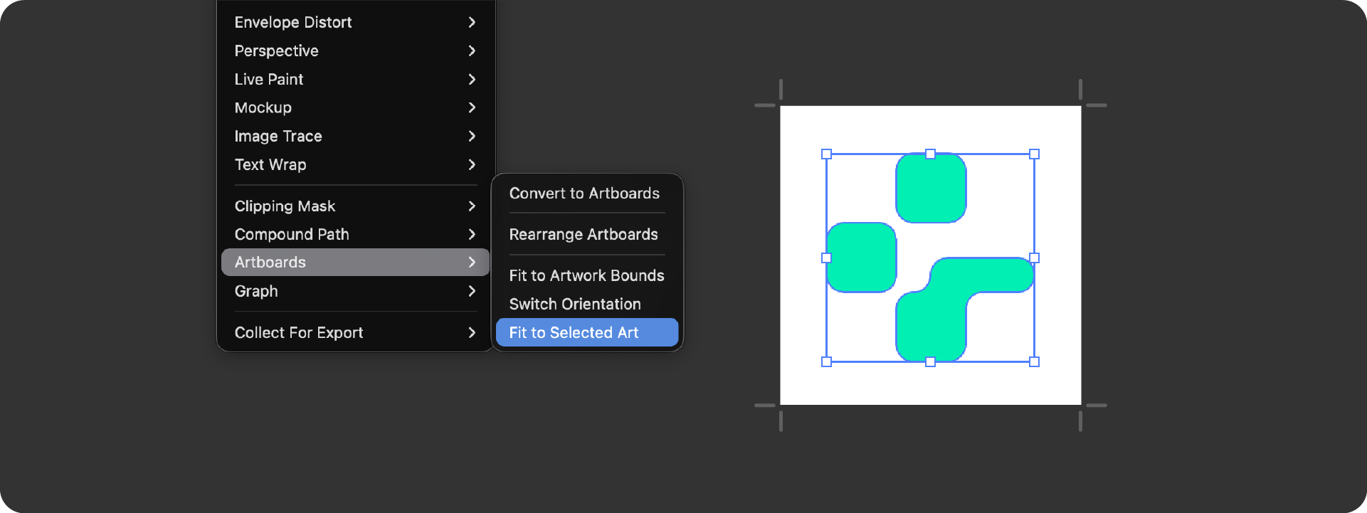 he Adobe Illustrator menu path Object > Artboards > Fit to Selected Art being used to resize an artboard to the exact bounds of a logo mark.