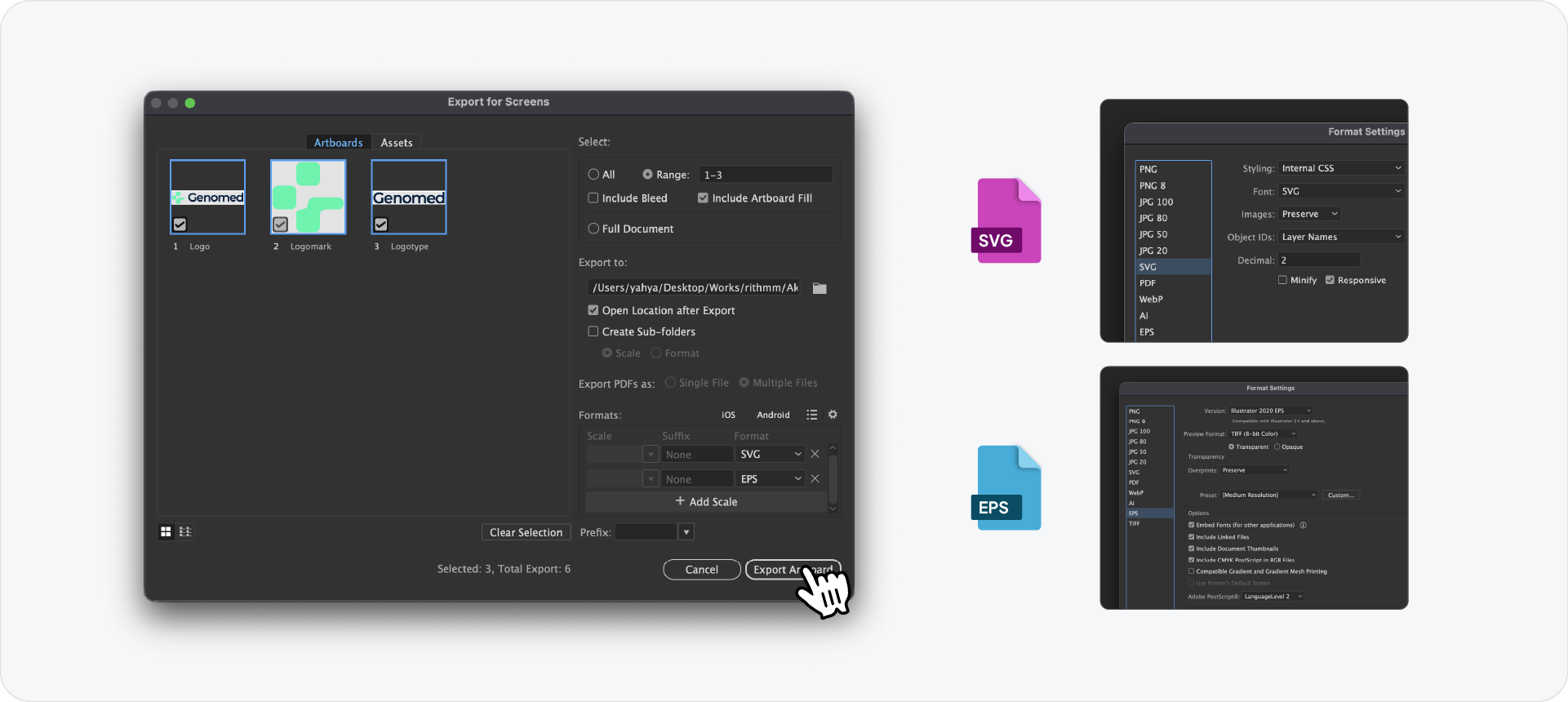 A detailed view of the SVG and EPS format settings in Adobe Illustrator, showing options for responsive SVGs and professional EPS vector export.