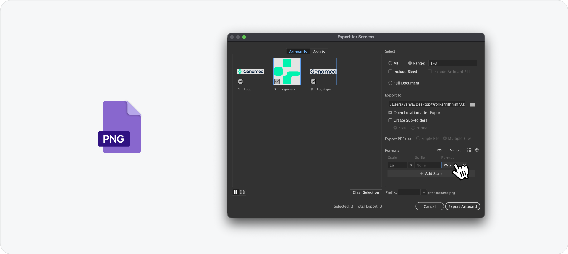 The Export for Screens window in Illustrator showing the PNG format selected at 1x scale for exporting web-ready transparent logo files.