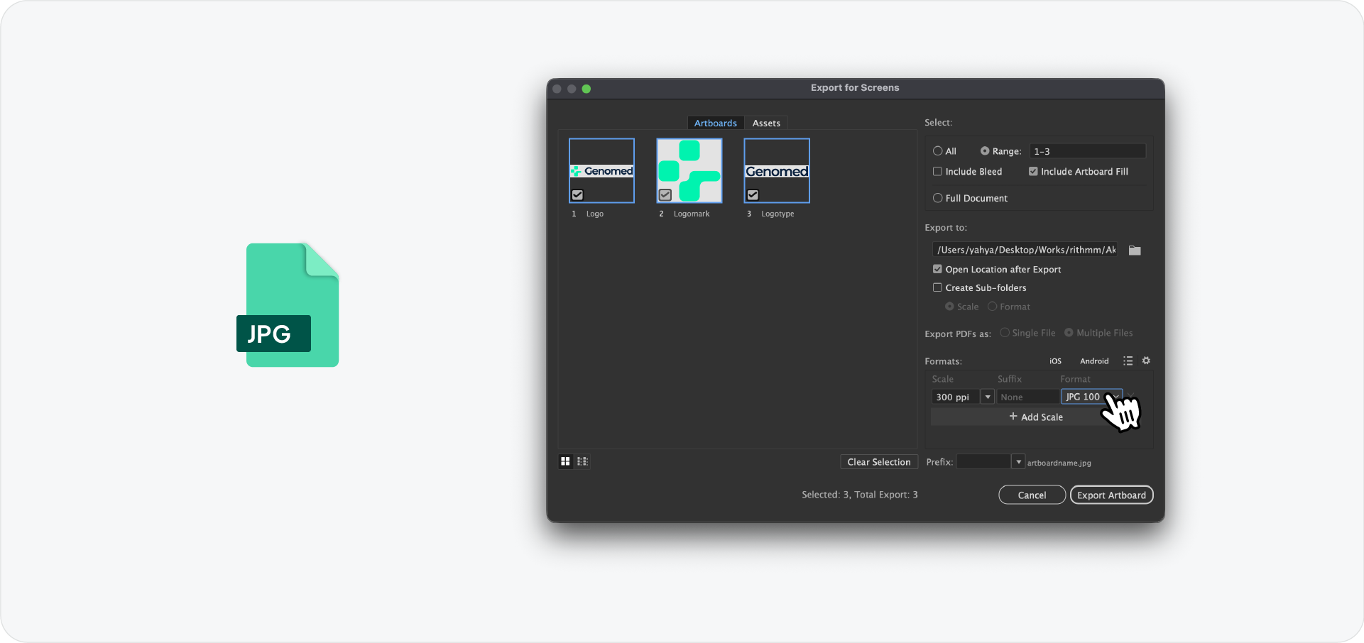 The Export for Screens window showing a high-resolution JPG export configuration at 300 ppi for logo assets.