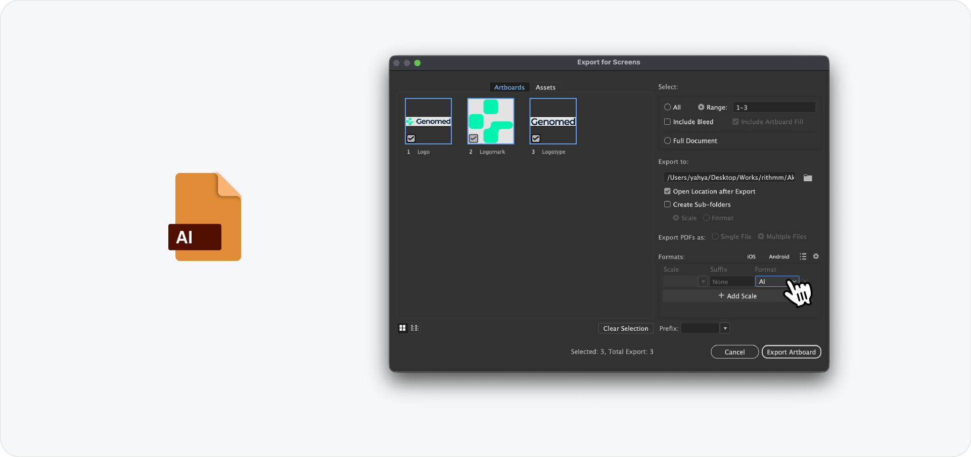 The Export for Screens dialog in Adobe Illustrator showing the selection of the AI format for exporting logo source files.