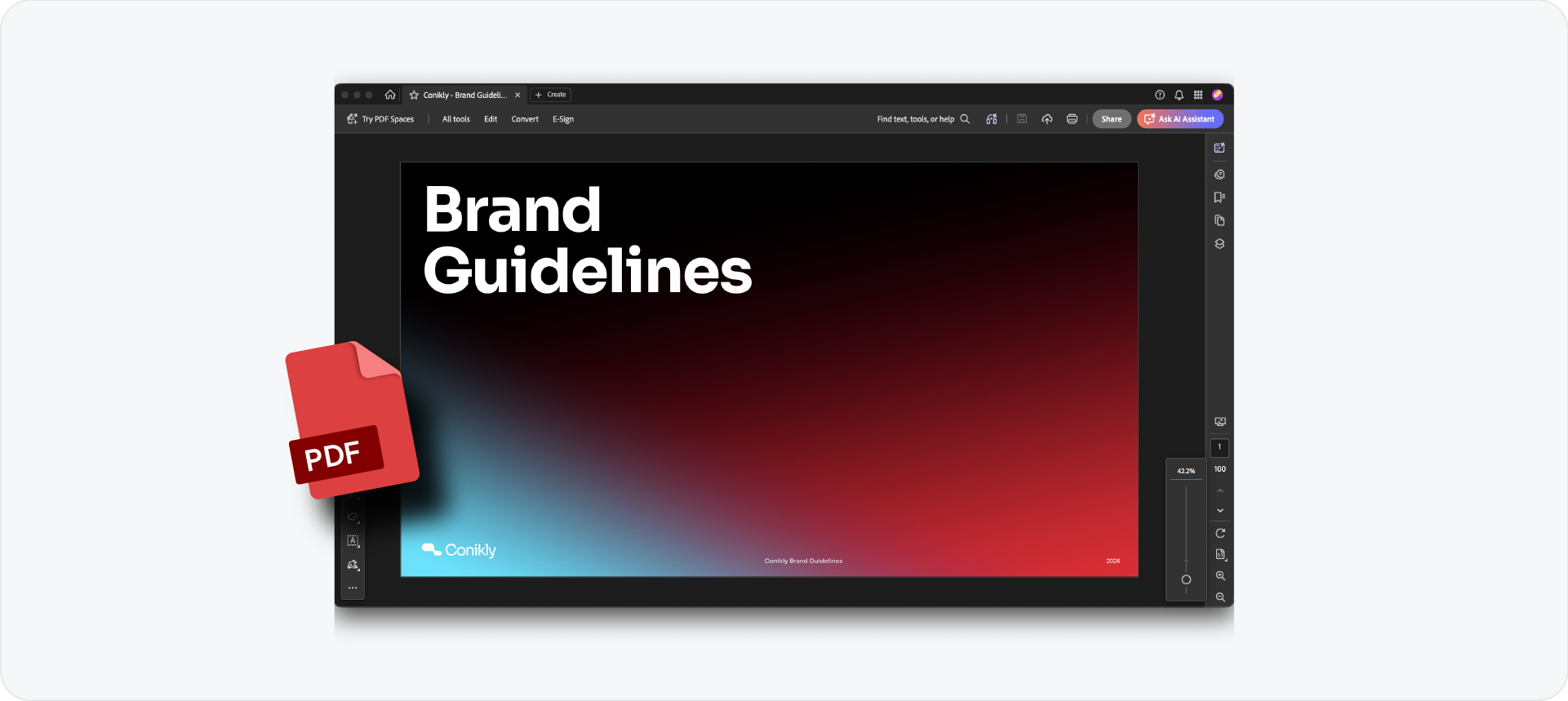 A professional brand guidelines PDF for Conikly shown in a document viewer, representing the final brand book deliverable.