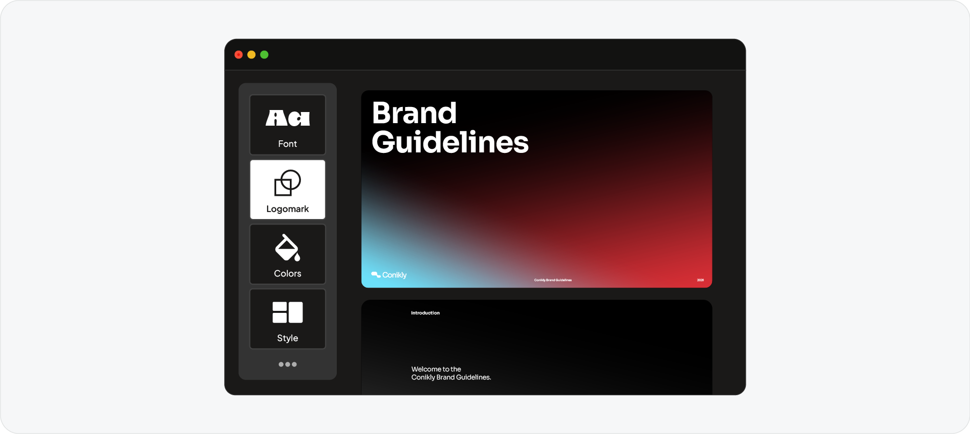 A web Brand Guidelines customization panel showing settings for fonts, logomarks, and colors to generate a technical brand bible.