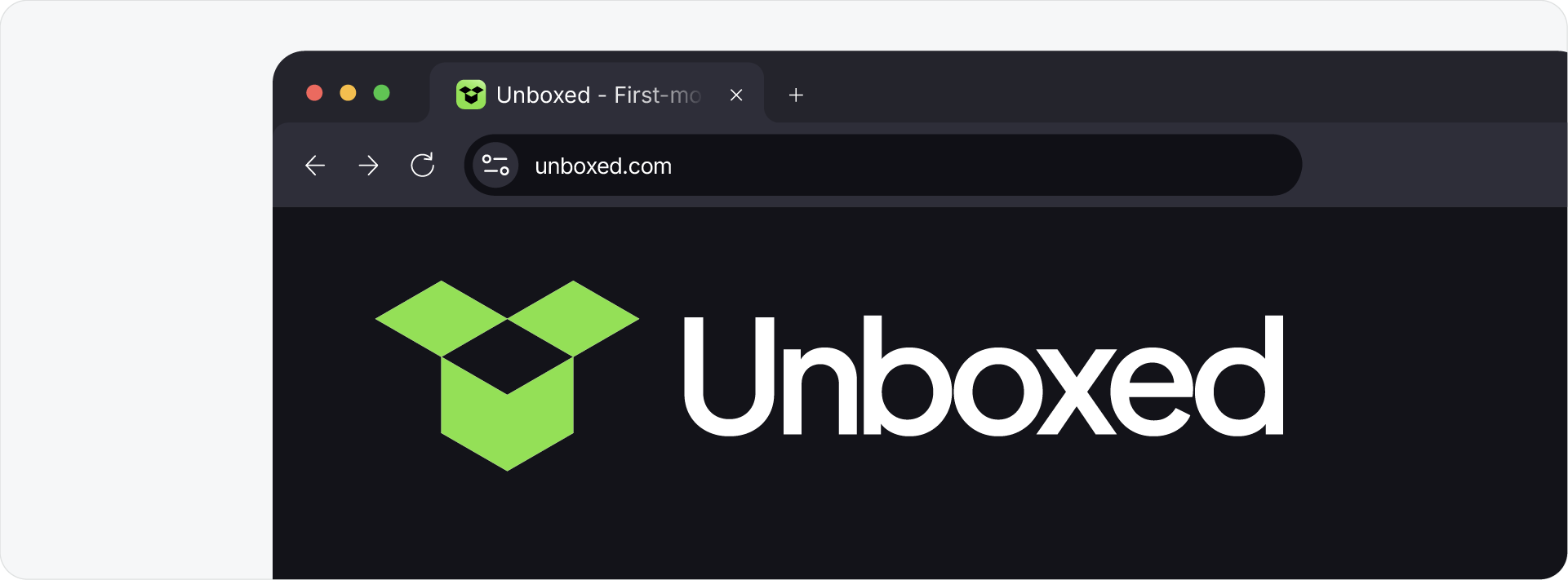 A browser window showing the Unboxed primary logo and symbol positioned on a dark website header.
